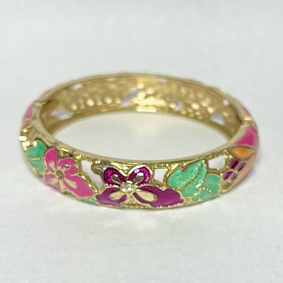 Jiu Long Xing Enamel Floral Emboss Spring Bangle Bracelet Pink Green Peach Gold - Picture 3 of 5
